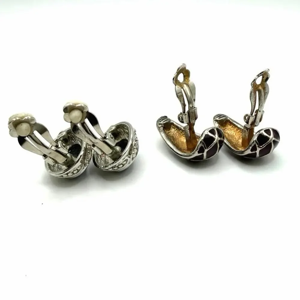 4 pc SET Silver Tone Black Cabochon Purple Clip Earrings Vintage